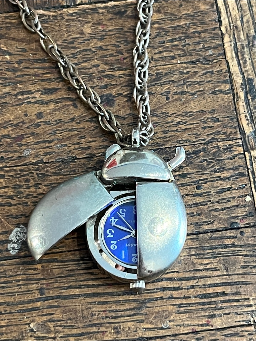 Vintage Picador Ladybug Locket Watch Necklace - Blue Dial